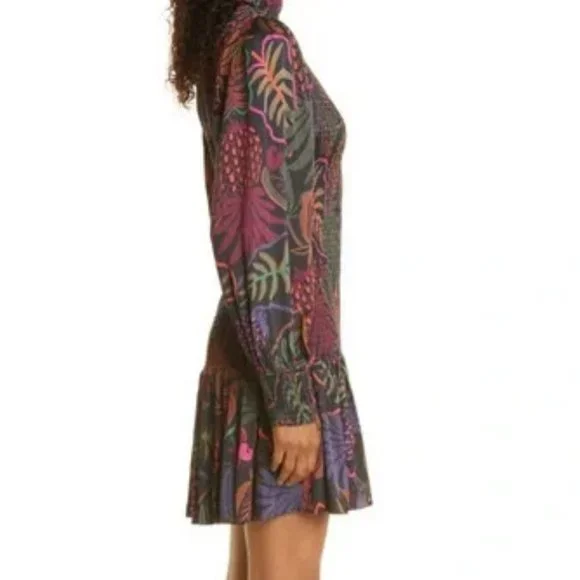 Farm Rio Frutis Dream Print Long Sleeve Black Smocked Mini Dress. SZ S - Picture 4 of 6